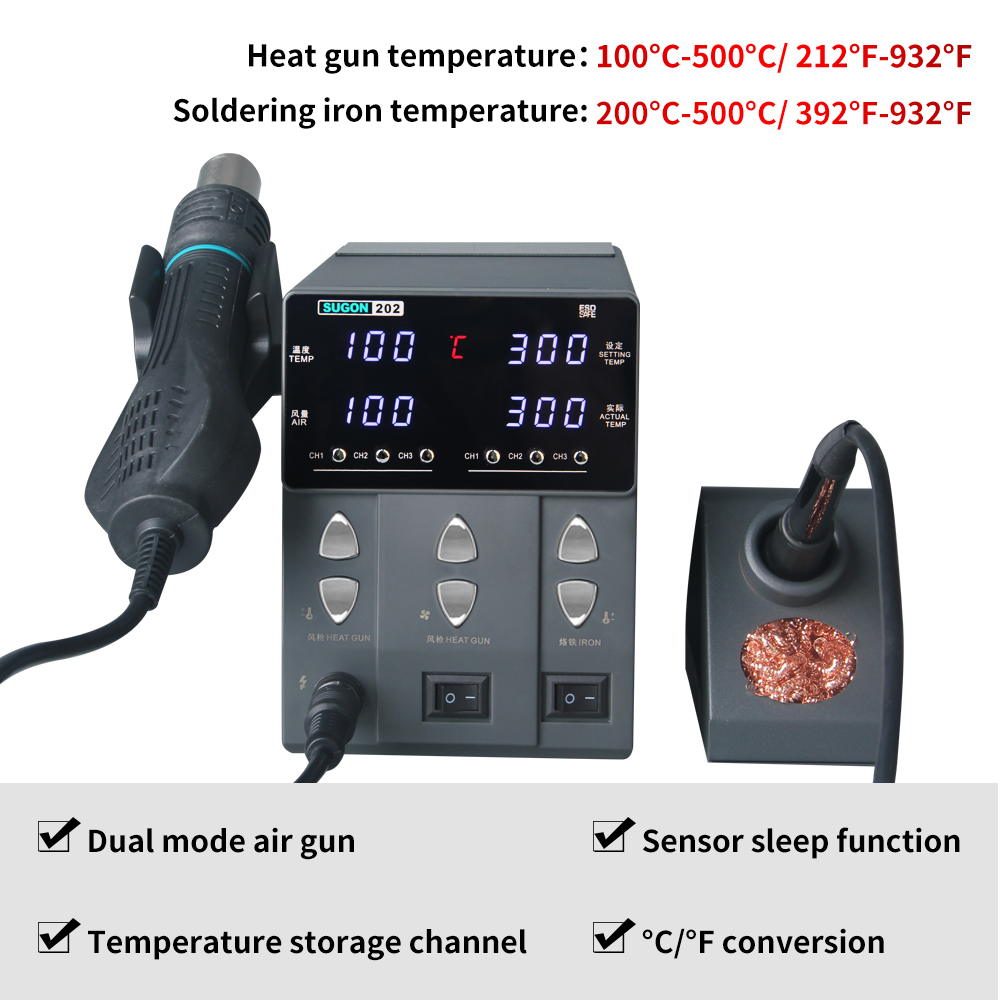 SUGON-202 760ワット2 1はんだステーションホッ - Smd Rework Station Hot Air Soldering 2 In 1 のレビューと価格
